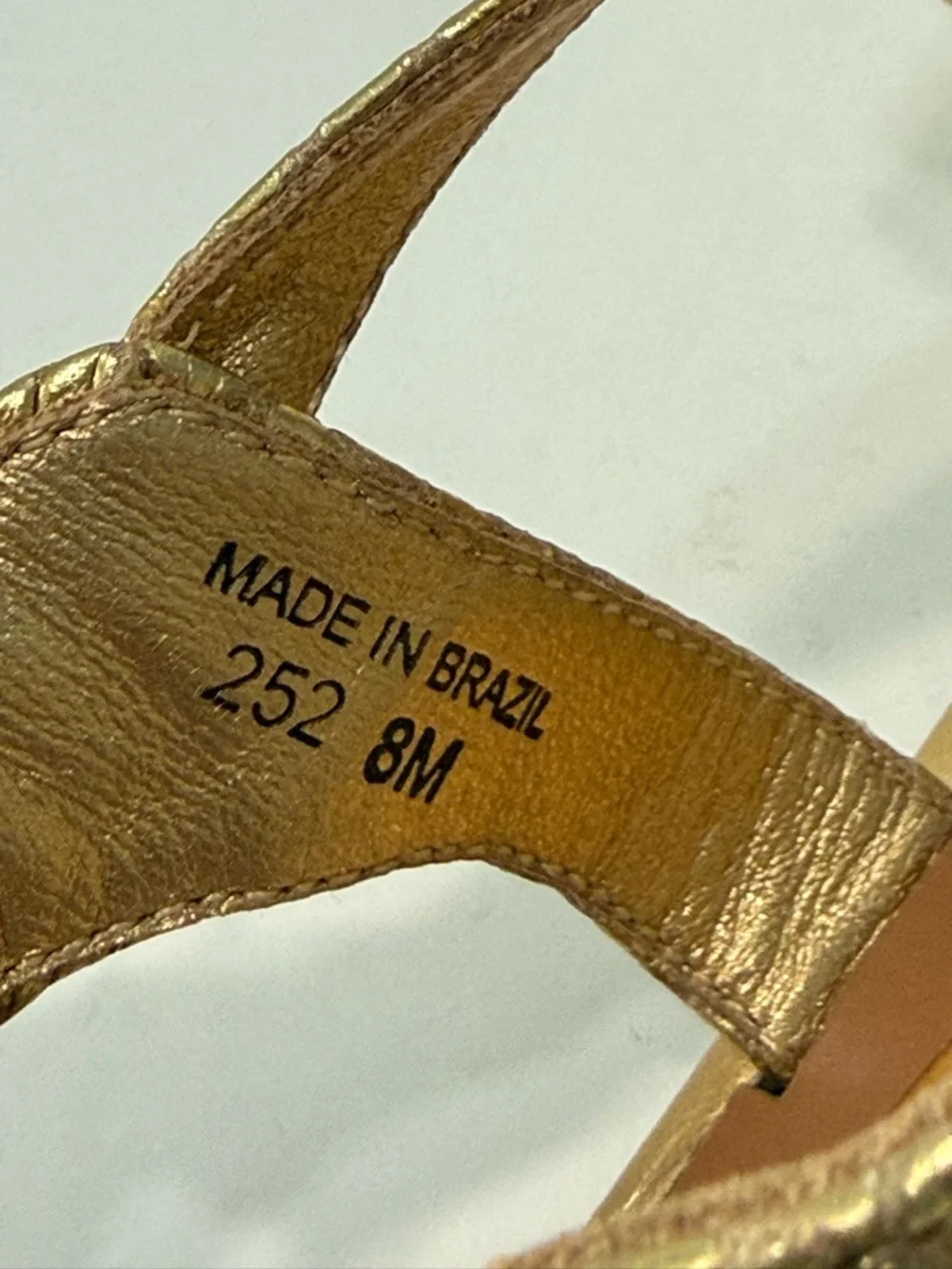Kate Spade Gold Metallic Snake Embossed Strappy Flat Sandals Ankle Strap Size 8M